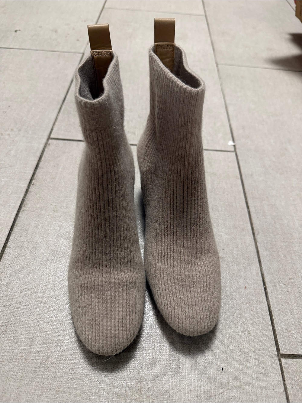Everlane Taupe Knit Sock Booties with Tan Pull Tabs